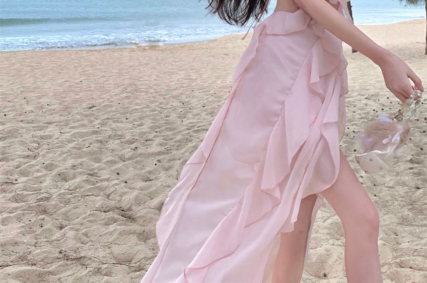 Dress Mini Ruffle Plain Neck Trim Cutout A-Line Halter