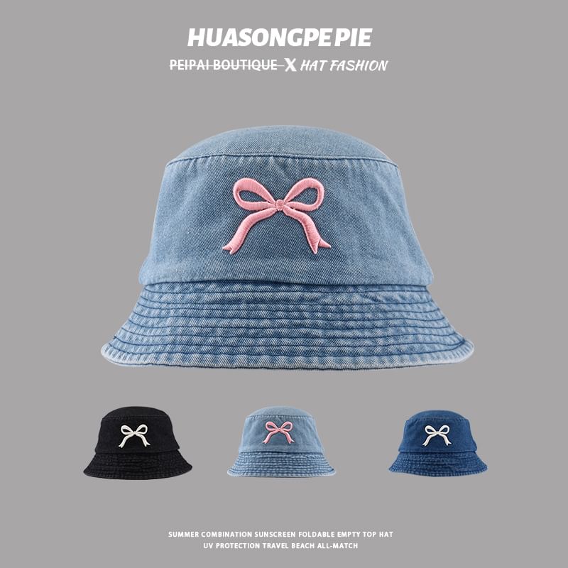 Denim Bucket Embroidered Bow Hat