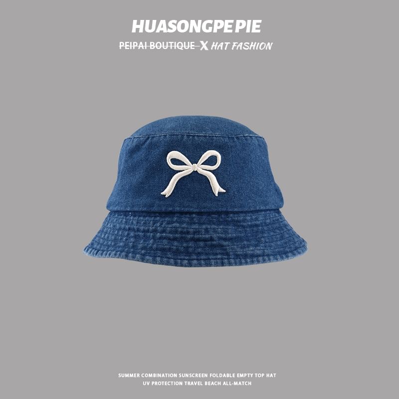 Denim Bucket Embroidered Bow Hat