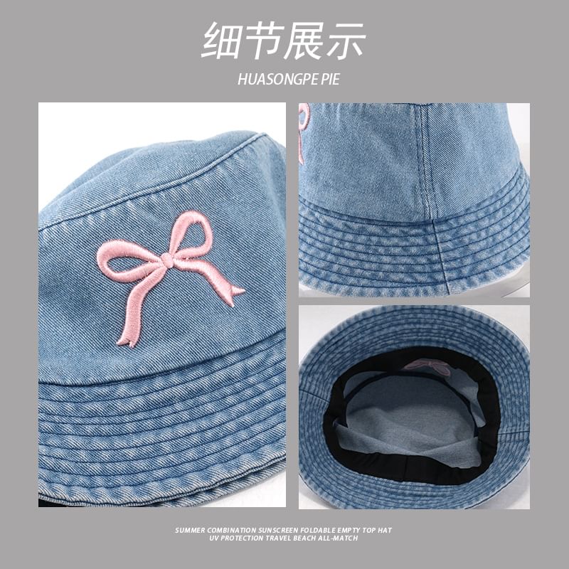 Denim Bucket Embroidered Bow Hat