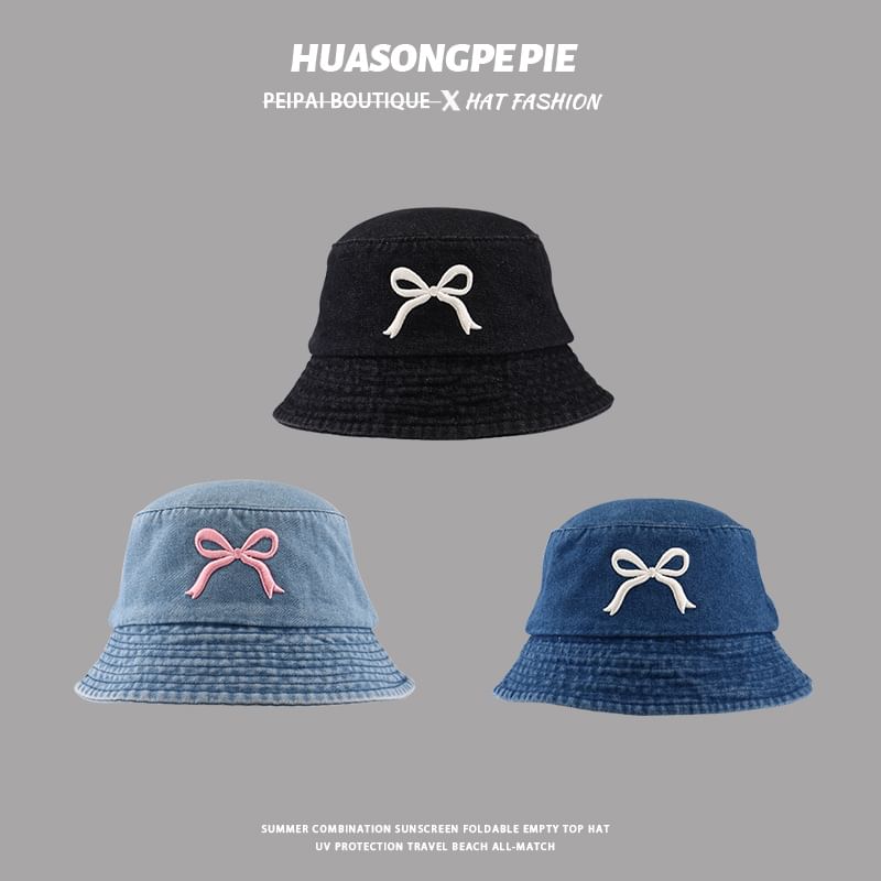 Denim Bucket Embroidered Bow Hat