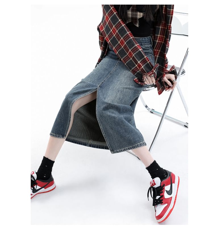 Midi Rise Denim Washed Skirt Slit High Pencil