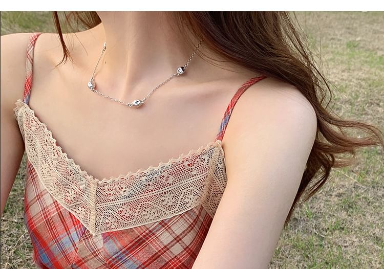 Strap Spaghetti Trim Plaid Dress A-Line Midi Lace