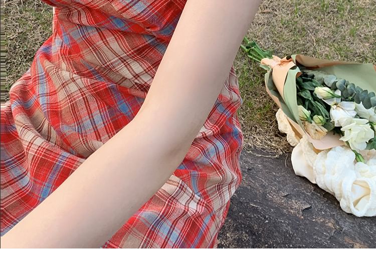 Strap Spaghetti Trim Plaid Dress A-Line Midi Lace