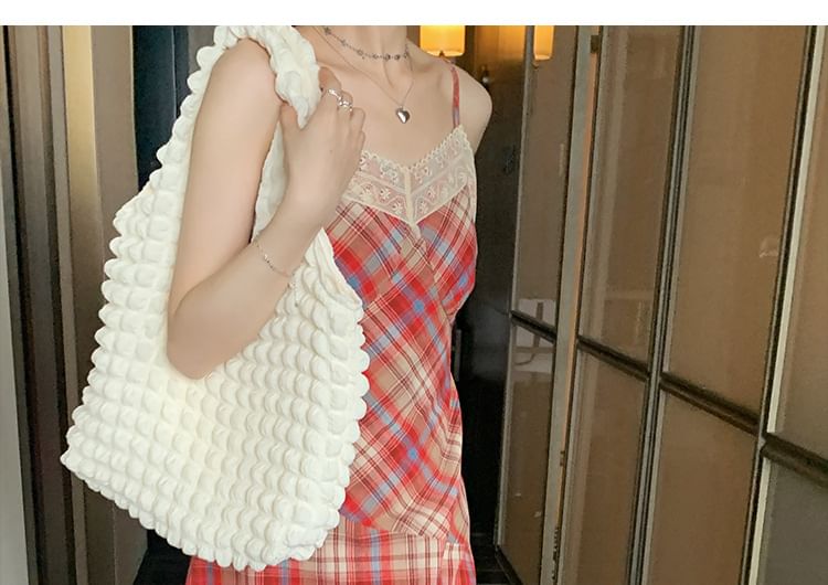 Strap Spaghetti Trim Plaid Dress A-Line Midi Lace