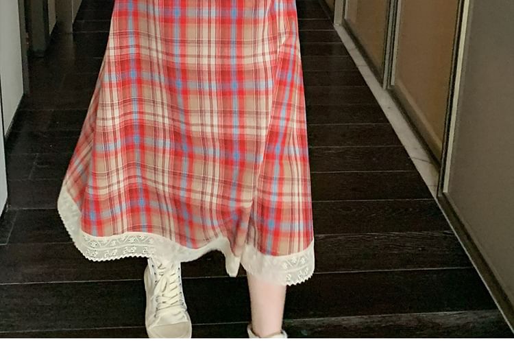 Strap Spaghetti Trim Plaid Dress A-Line Midi Lace
