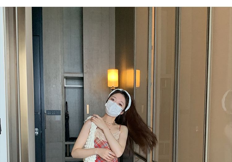 Strap Spaghetti Trim Plaid Dress A-Line Midi Lace