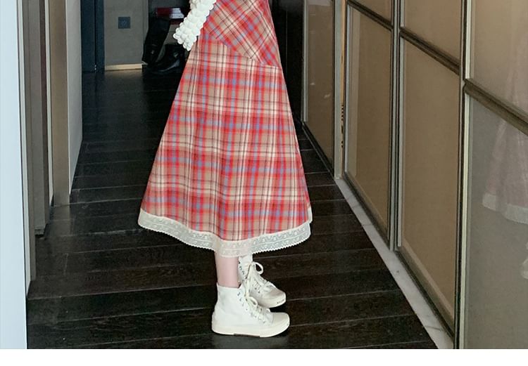 Strap Spaghetti Trim Plaid Dress A-Line Midi Lace