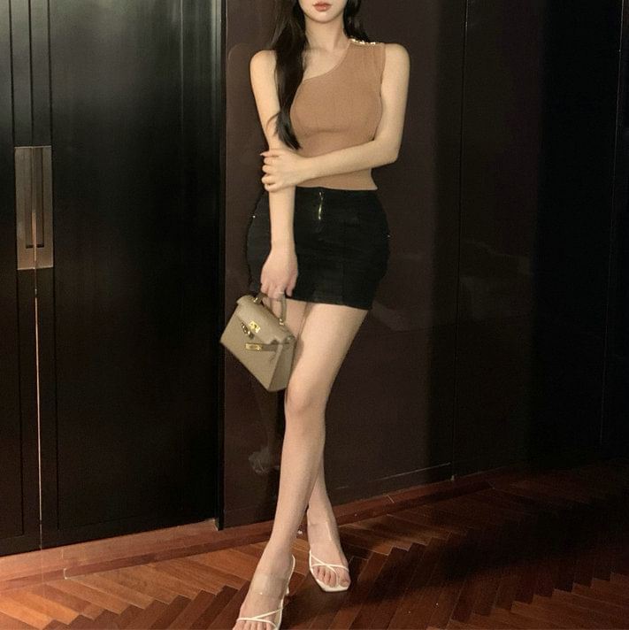One-Shoulder Plain Tank Knit Top