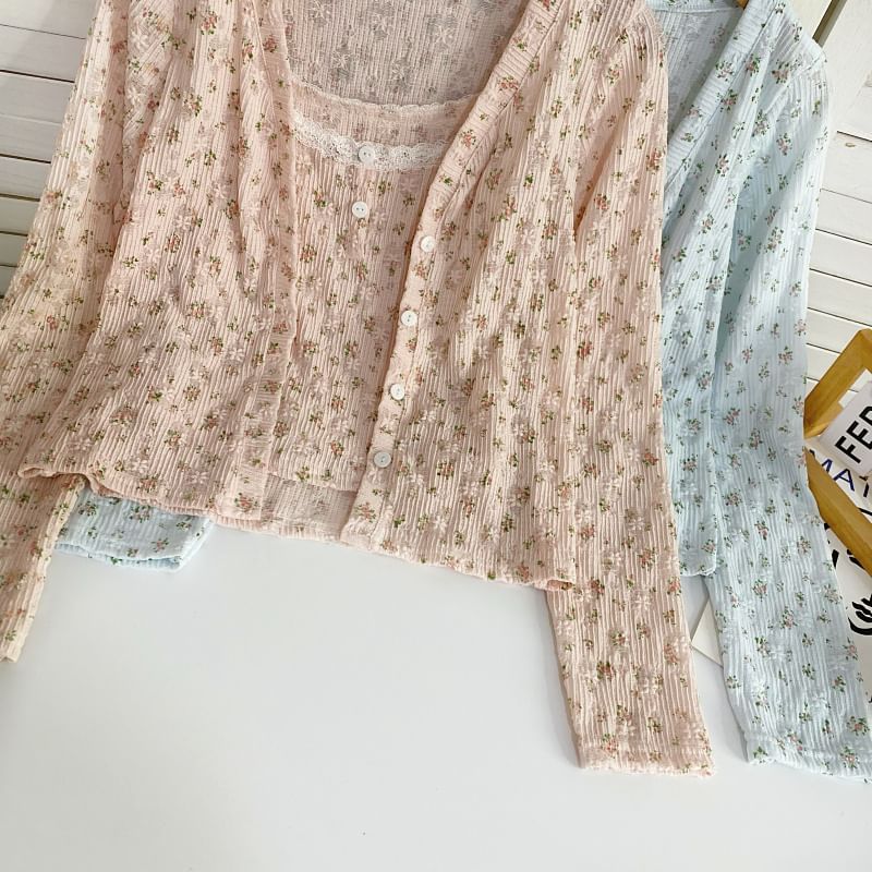 Set: Camisole-Top mit U-Ausschnitt und Blumenmuster + Strickjacke