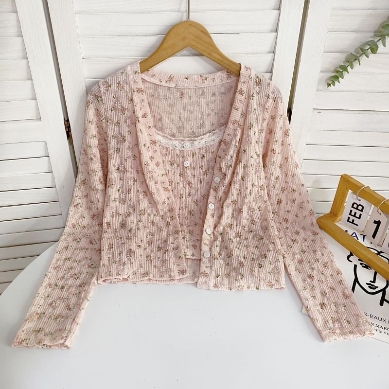 Set: Camisole-Top mit U-Ausschnitt und Blumenmuster + Strickjacke