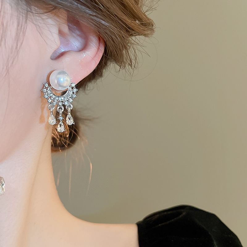 Pearl Drop Faux Fringed Earring Rhinestone