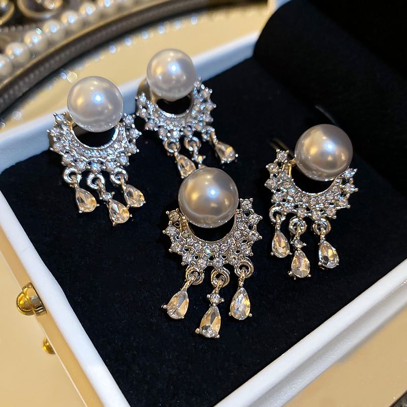 Pearl Drop Faux Fringed Earring Rhinestone