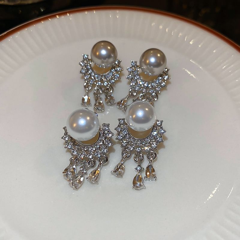 Pearl Drop Faux Fringed Earring Rhinestone