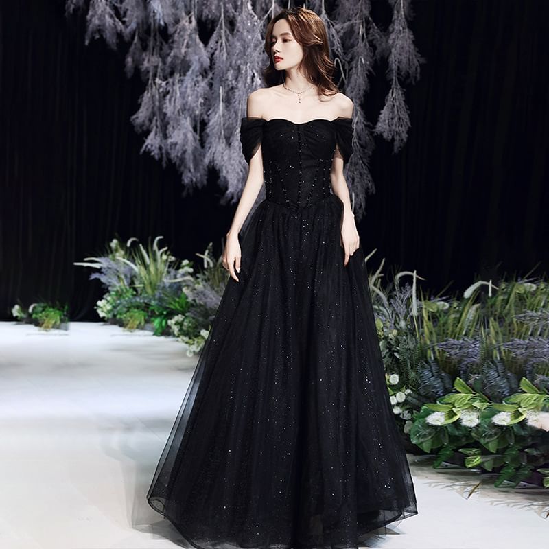 Short-Sleeve Square-Neck Glitter A-Line Evening Gown