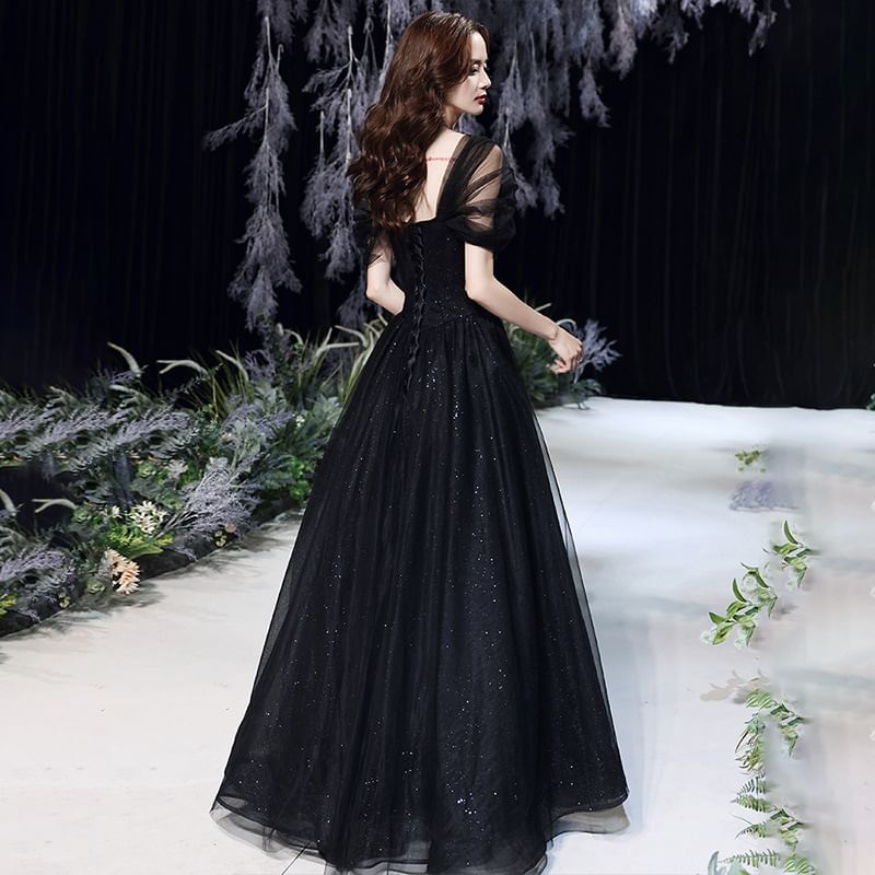 Short-Sleeve Square-Neck Glitter A-Line Evening Gown