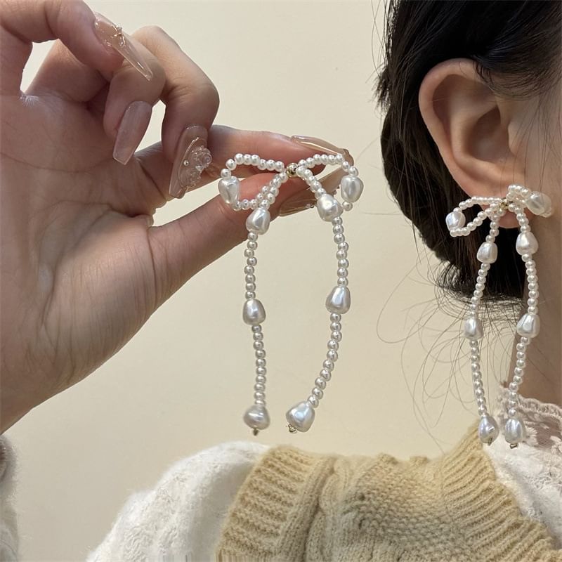 Pearl Dangle Bow Faux Earring