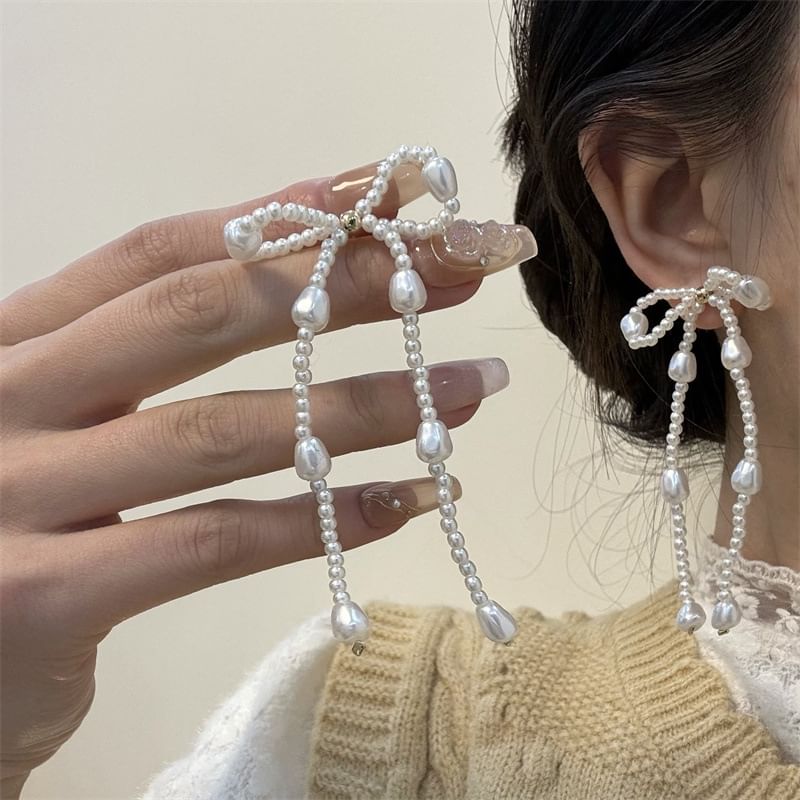 Pearl Dangle Bow Faux Earring