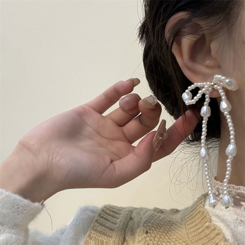 Pearl Dangle Bow Faux Earring