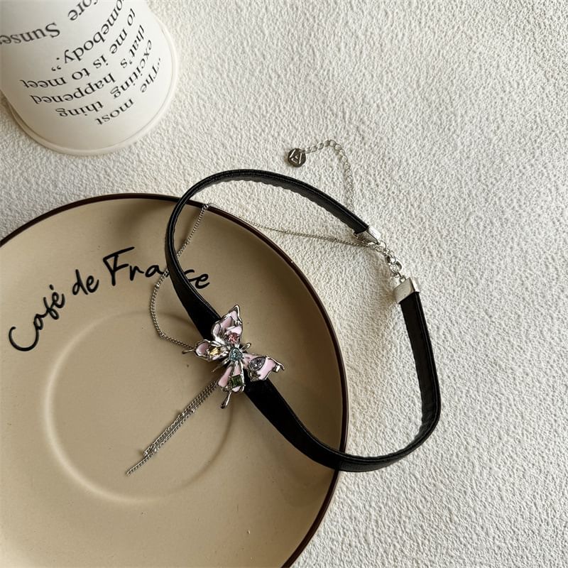 Choker Alloy Threader / Earring Faux Butterfly Leather
