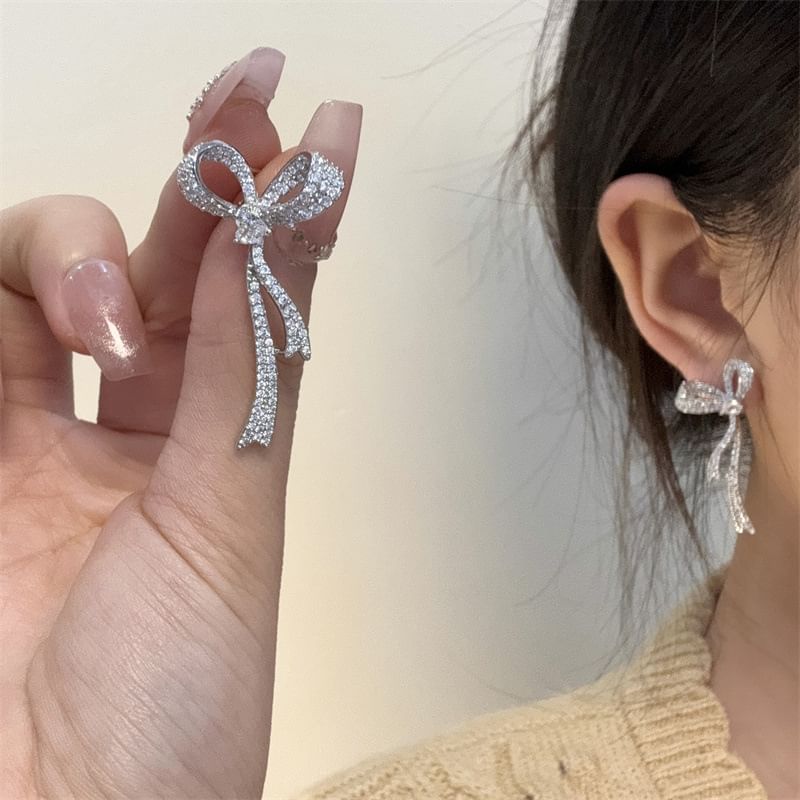 Rhinestone Dangle Bow Earring Alloy
