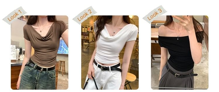 Short-Sleeve Tee Ruched Plain Off-Shoulder Crop