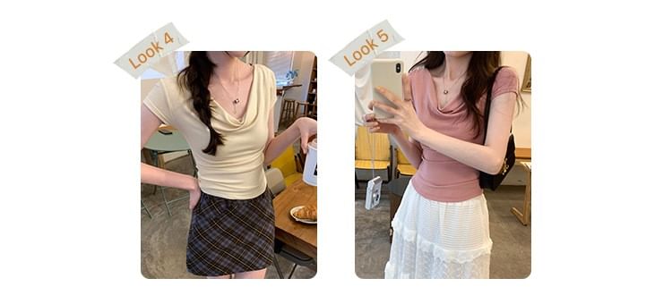 Short-Sleeve Tee Ruched Plain Off-Shoulder Crop