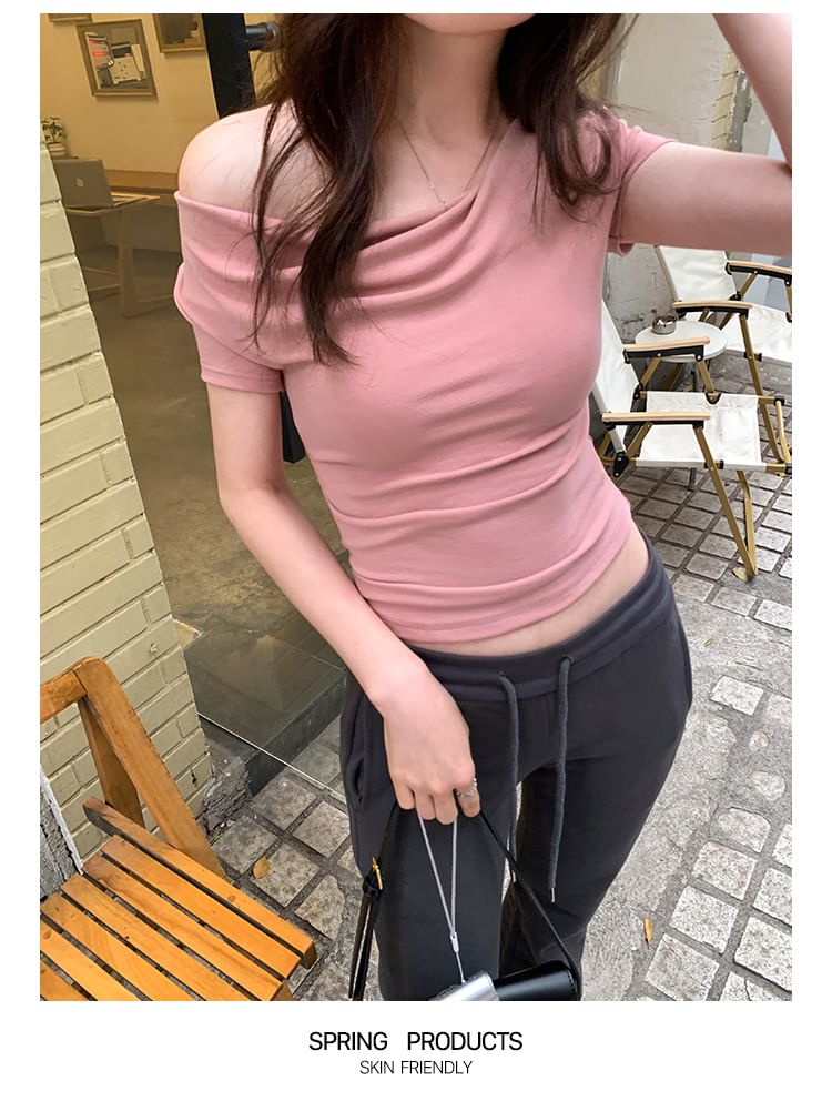 Short-Sleeve Tee Ruched Plain Off-Shoulder Crop