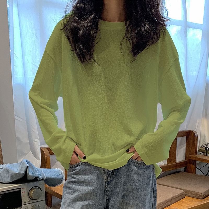 Long-Sleeve Tee Crew Oversized Plain Neck