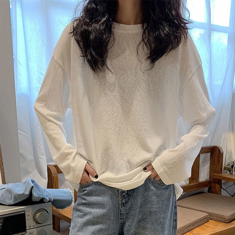 Long-Sleeve Tee Crew Oversized Plain Neck