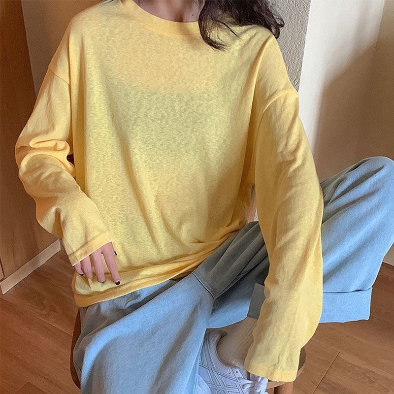 Long-Sleeve Tee Crew Oversized Plain Neck