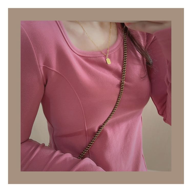 Long-Sleeve Asymmetrical Neck Scoop T-Shirt Plain