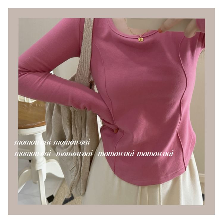 Long-Sleeve Asymmetrical Neck Scoop T-Shirt Plain