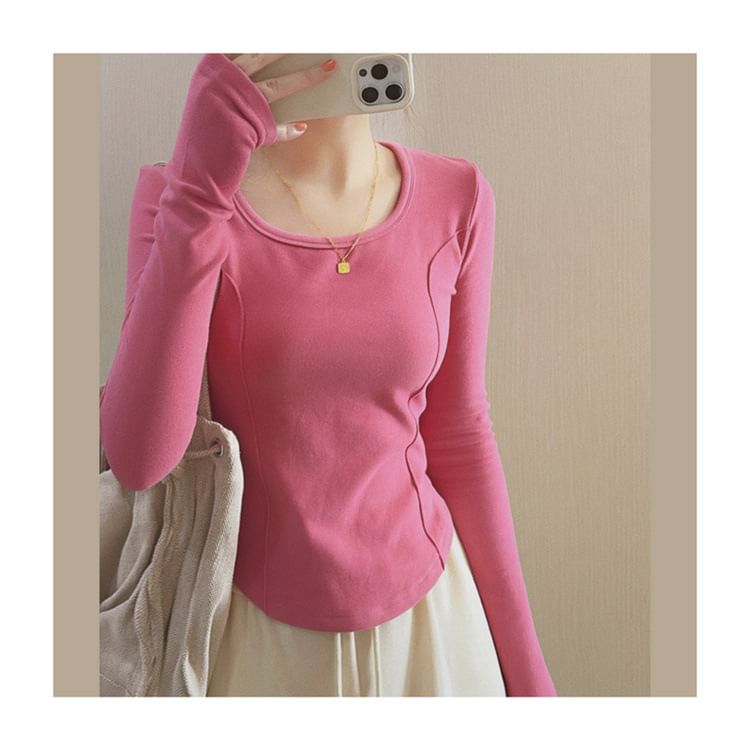 Long-Sleeve Asymmetrical Neck Scoop T-Shirt Plain