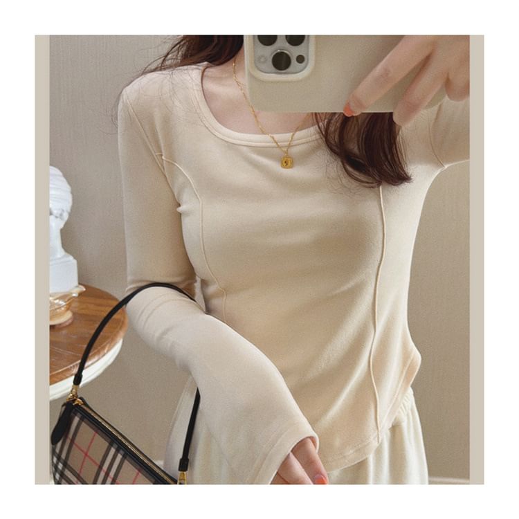 Long-Sleeve Asymmetrical Neck Scoop T-Shirt Plain