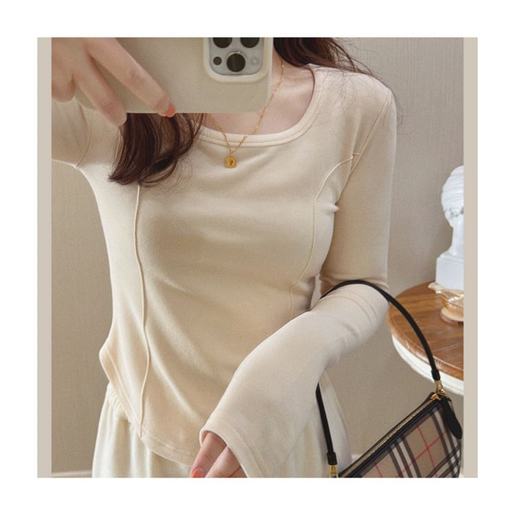 Long-Sleeve Asymmetrical Neck Scoop T-Shirt Plain