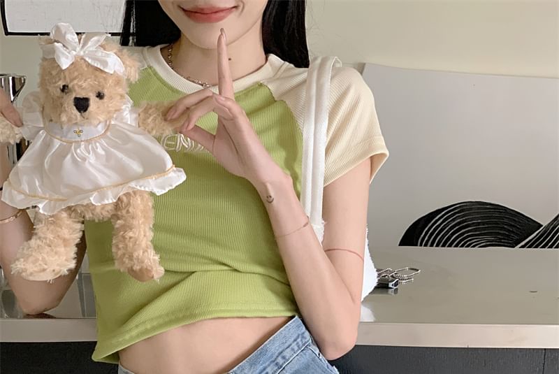 Embroidered Short-Sleeve Letter Cropped Neck Crew T-Shirt