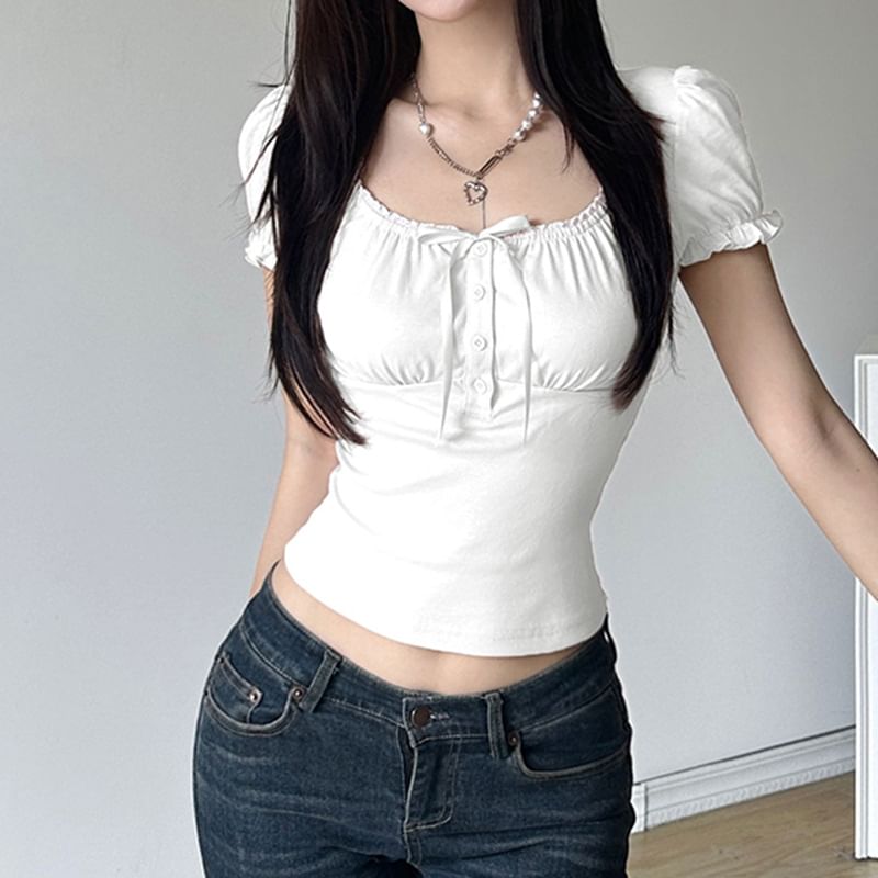 Slim-Fit Ruffled-Trim Square-Neck Accent Ribbon Sleeve Short Bow