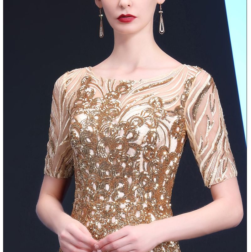 Sequin Evening Patterned Trumpet Neck Short-Sleeve Round Gown