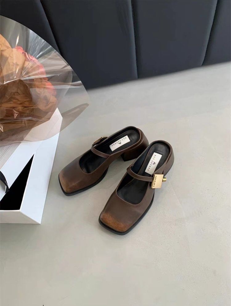 Square Toe Mules Chunky Heel