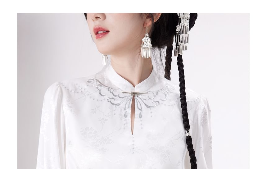 Traditional Chinese Long-Sleeve Top / Print Maxi A-Line Pleated Skirt / Set