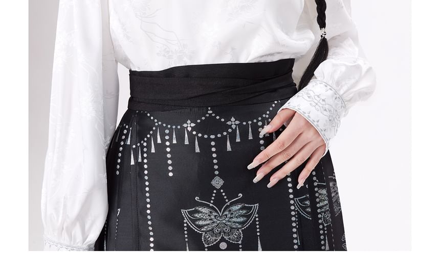 Traditional Chinese Long-Sleeve Top / Print Maxi A-Line Pleated Skirt / Set