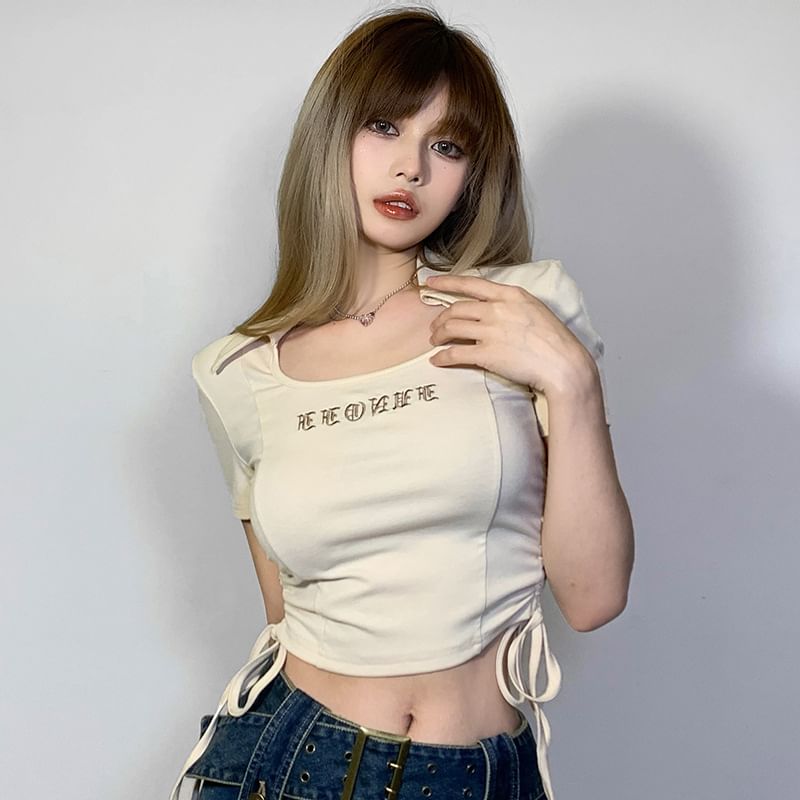 Drawstring Short-Sleeve T-Shirt Letter Embroidered Cropped