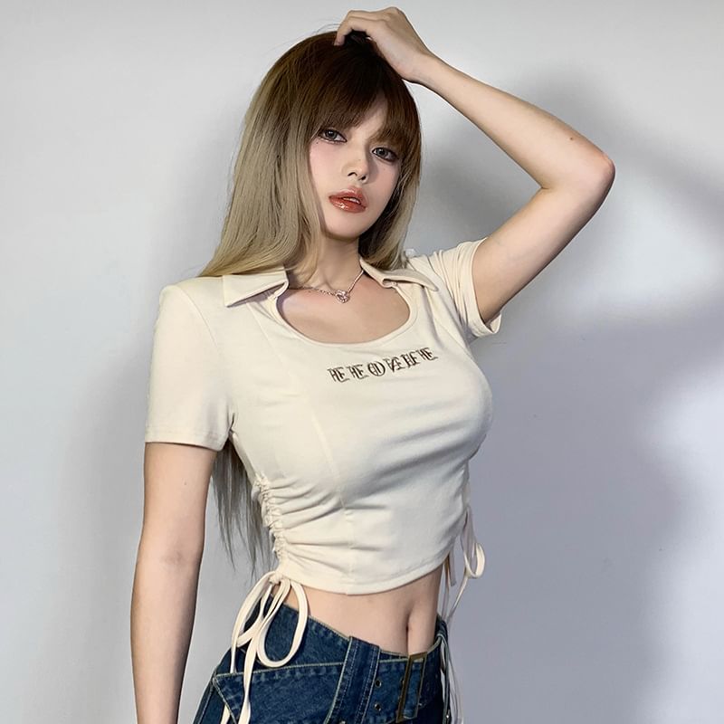 Drawstring Short-Sleeve T-Shirt Letter Embroidered Cropped