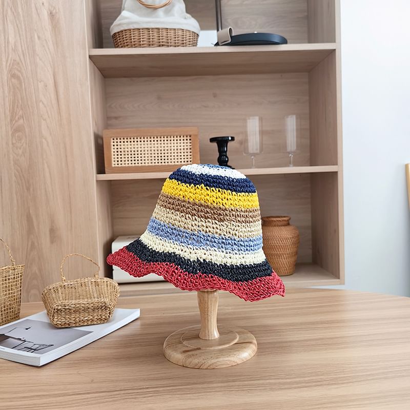 Striped Hat Straw Bucket