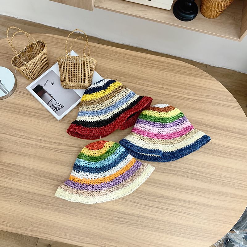 Striped Hat Straw Bucket