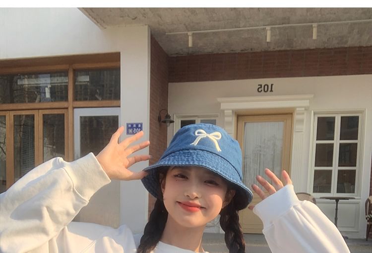 Bucket Bow Hat Embroidered Denim
