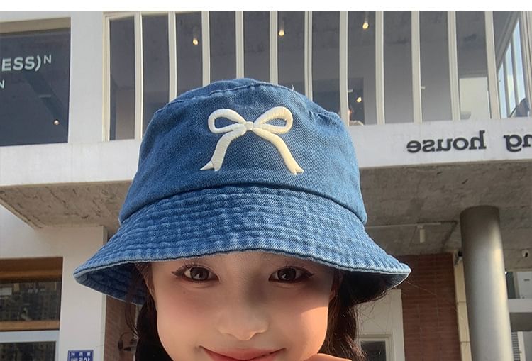 Bucket Bow Hat Embroidered Denim