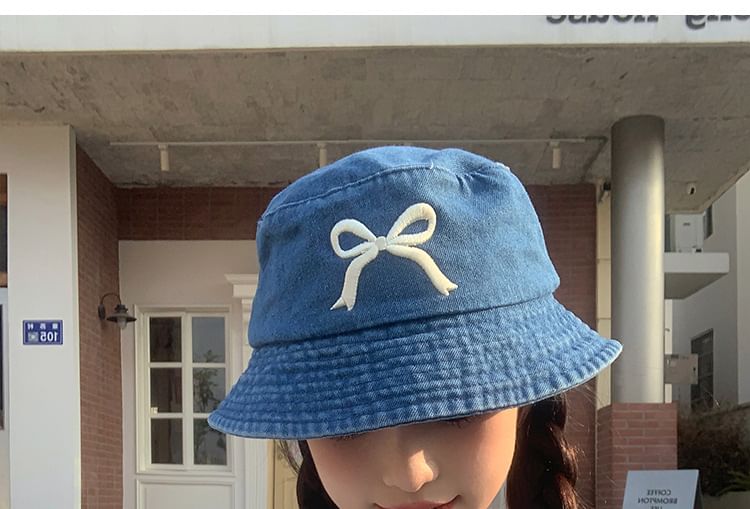 Bucket Bow Hat Embroidered Denim