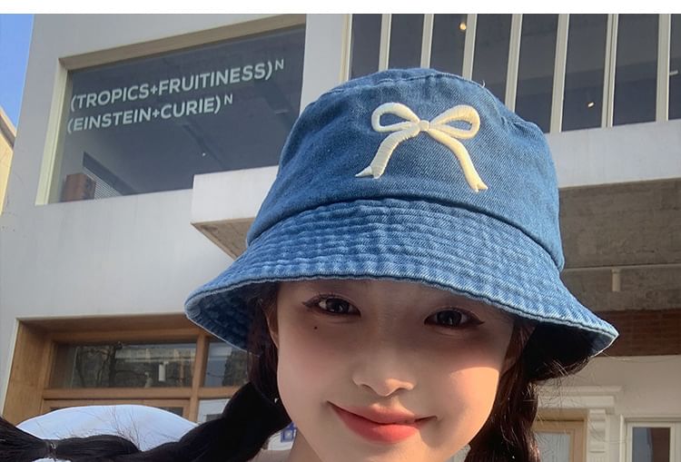 Bucket Bow Hat Embroidered Denim